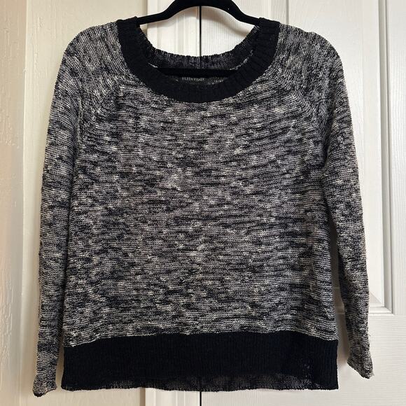 Eileen Fisher Linen Blend Melange Crew Neck Sweater Black White XS - Picture 1 of 6